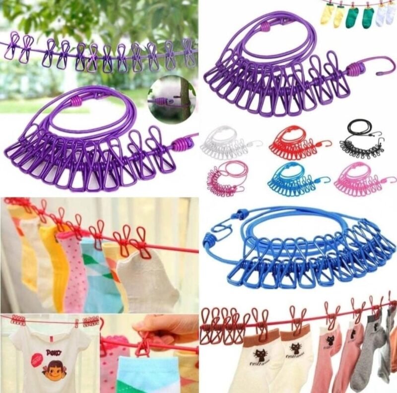 Elastic Clothesline Rope with 12 Clips & 2 Hooks – Travel & Home Laundry Drying Rope (Multicolor, 185CM) - Image 1