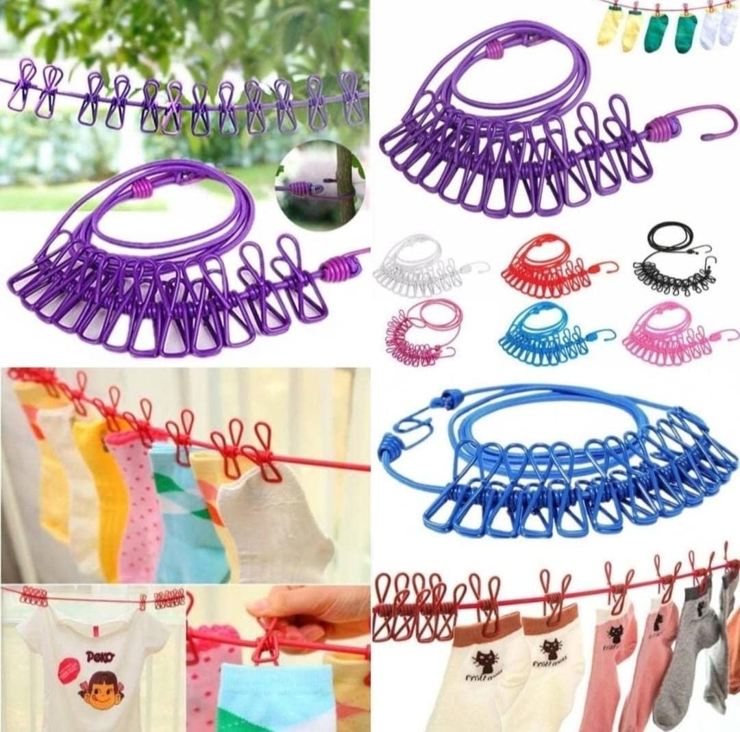 Clothsline Elastic Clothesline Rope with 12 Clips & 2 Hooks – Travel & Home Laundry Drying Rope (Multicolor, 185CM) - Image 1
