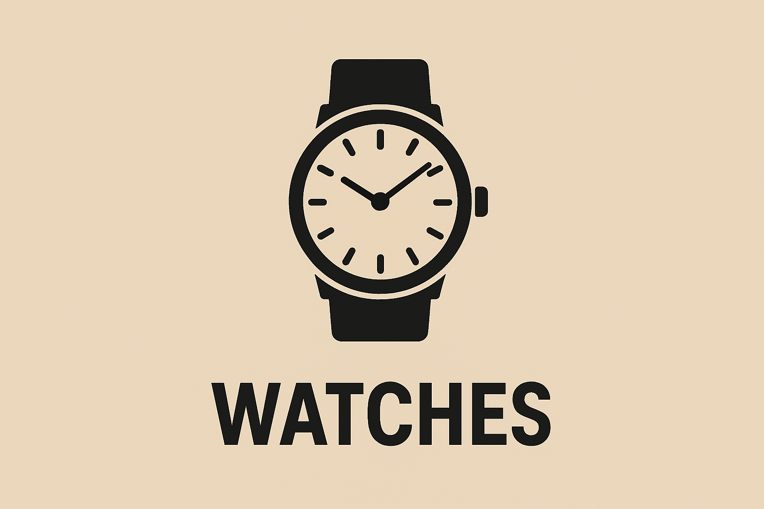 Large beige background with a minimalist black wristwatch icon and the word "WATCHES" below, used as a category title background.